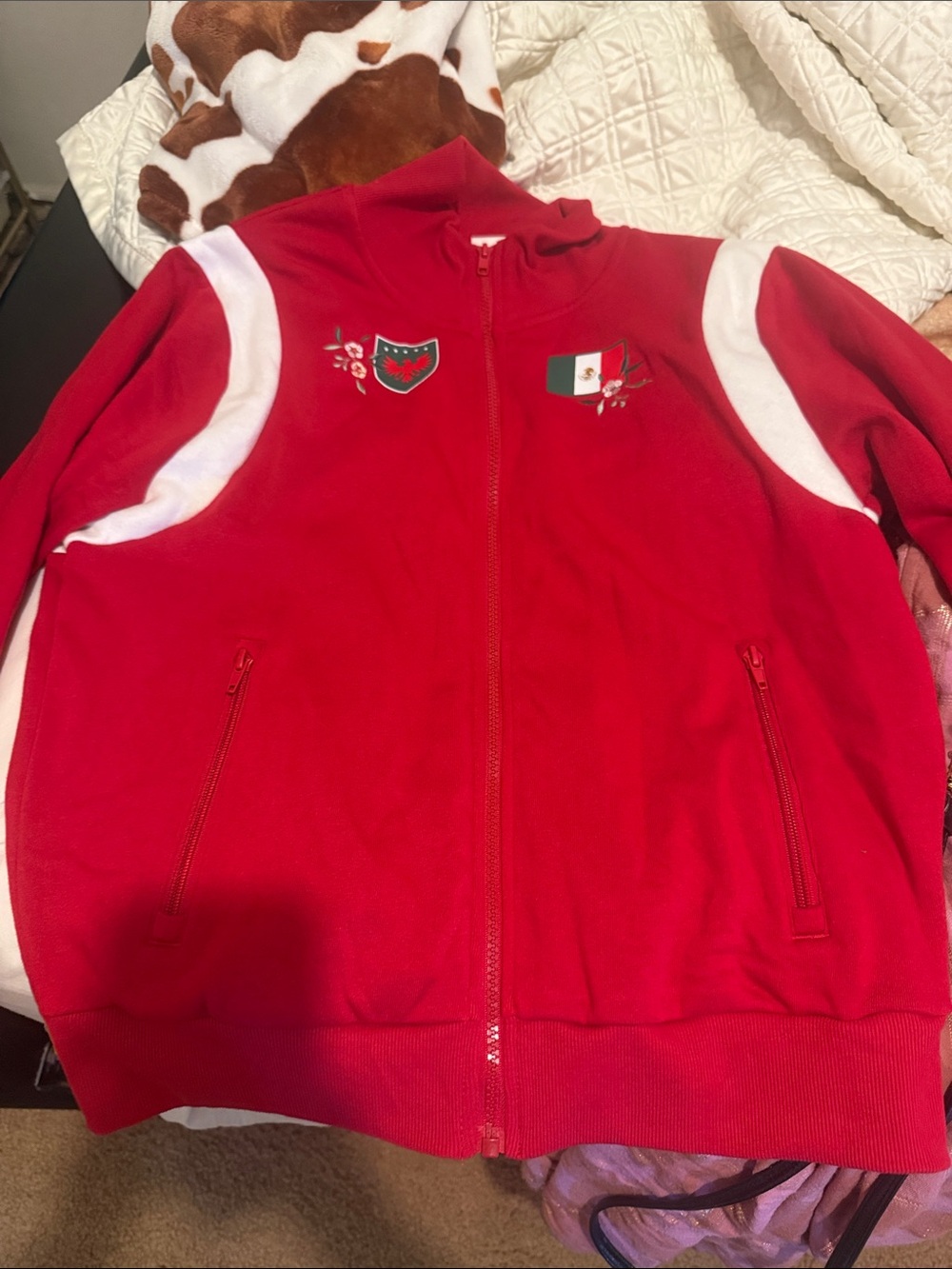 Target Red and White Bomber Jacket with Embroidered Patches